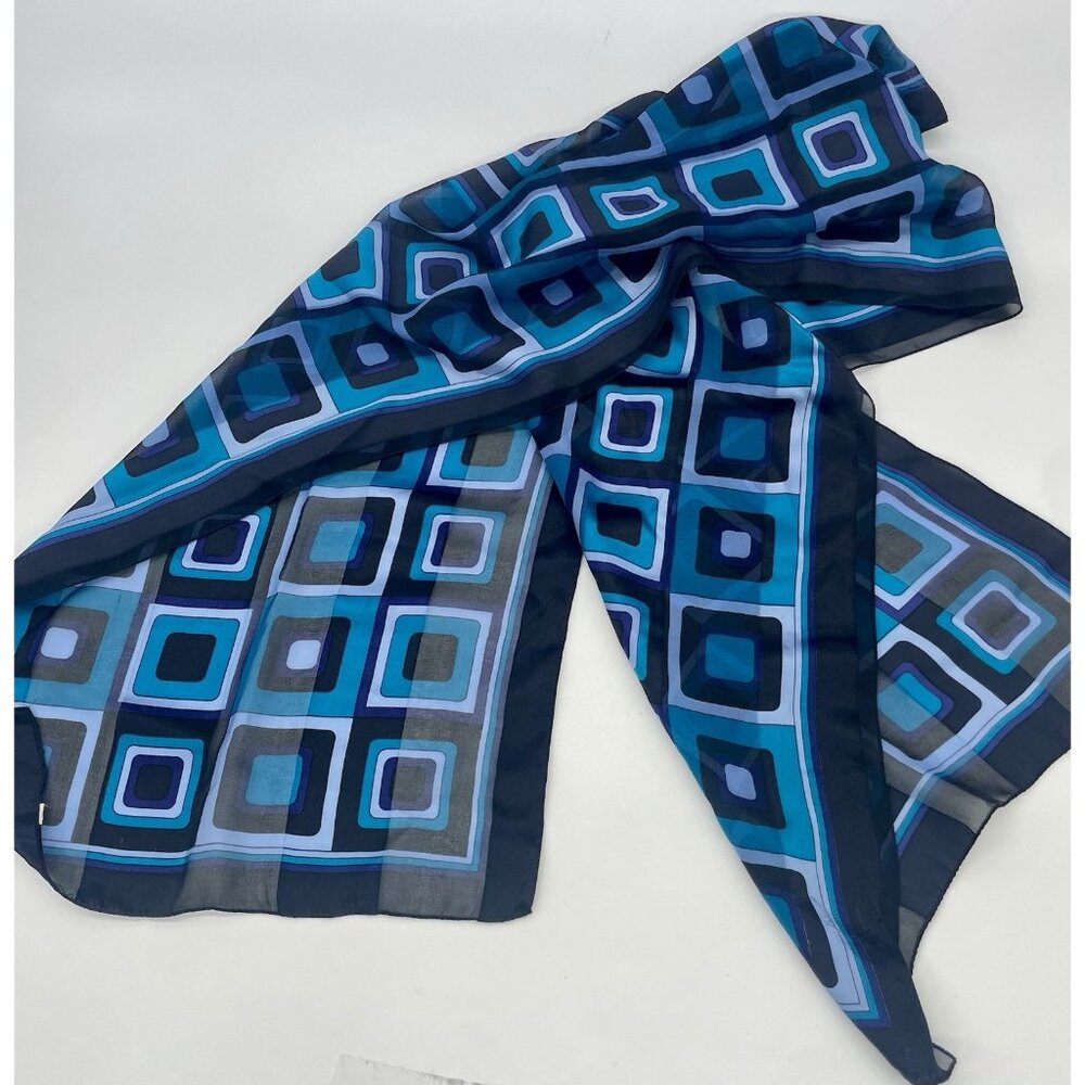 Scarf Silk 59” X 13” Preppy Designer Lux Travel Rectangular Career Party Blue